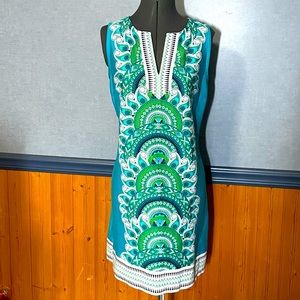 EUC- Bold, teal print shift dress size large